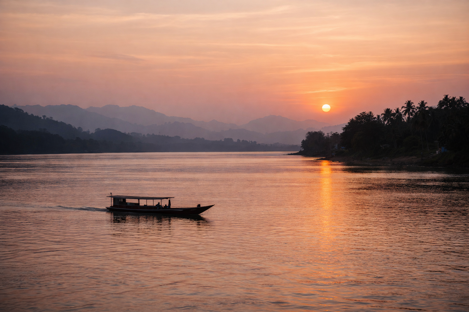 Mekong river sunset boat silhouette